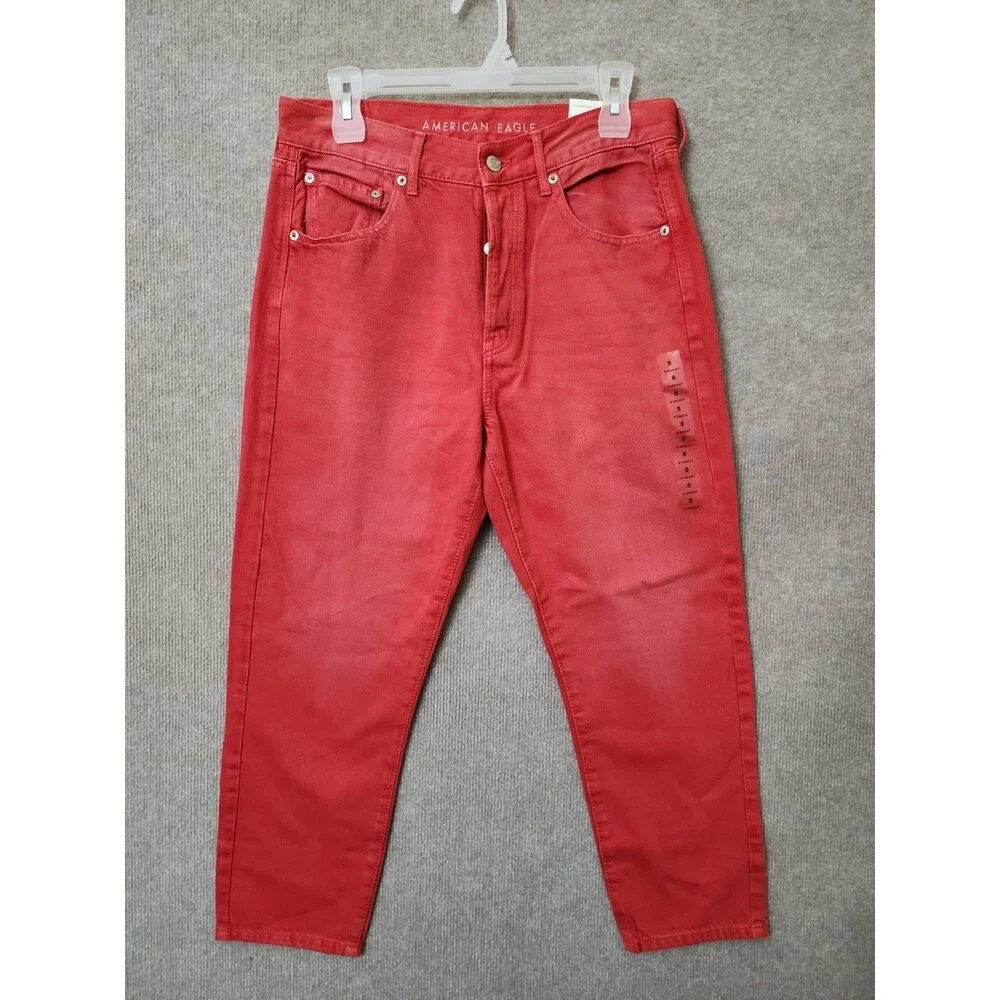 American Eagle Hi Rise Girlfriend Jeans Womens 8 XShort Red Button Fly NEW